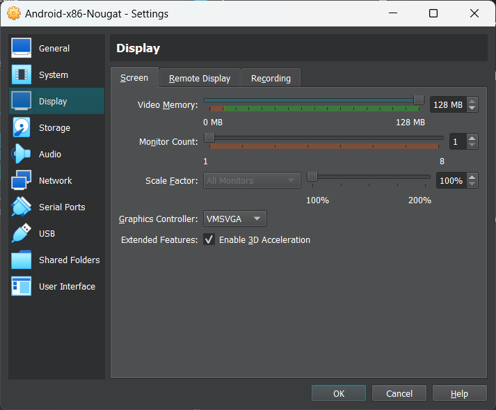 Android-x86 VirtualBox virtual machine settings, step 2